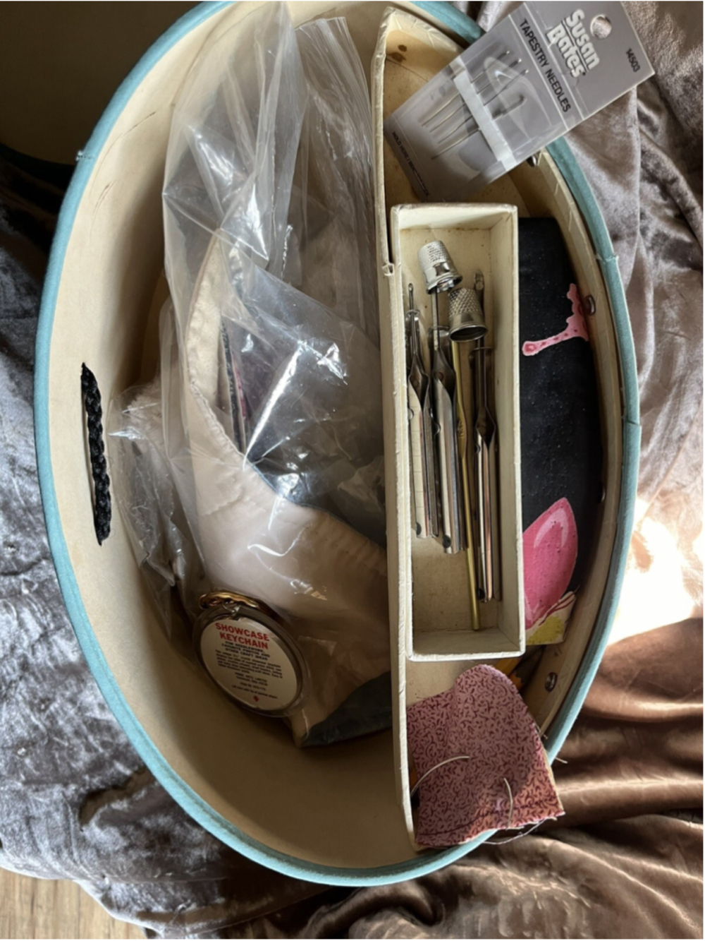 Vintage Black / pink Sewing Box Oval Rope Handles 7 Tall. 8x11 Oval. Full